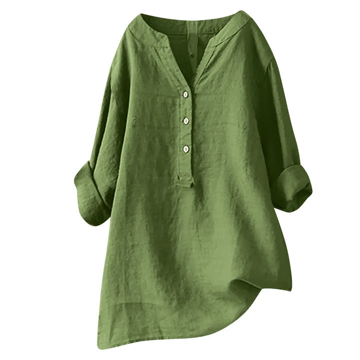 Women's breezy button-up V-neck summer shirt in a relaxed, flowy fit, great for casual vacation wear.