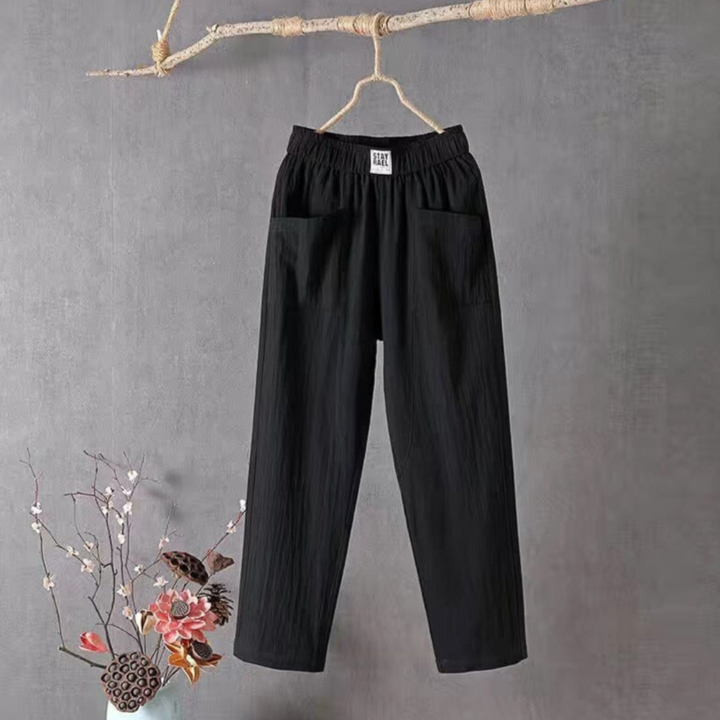 Women's high-waist pull-on travel pants, breezy and comfortable for warm weather & everyday wear.