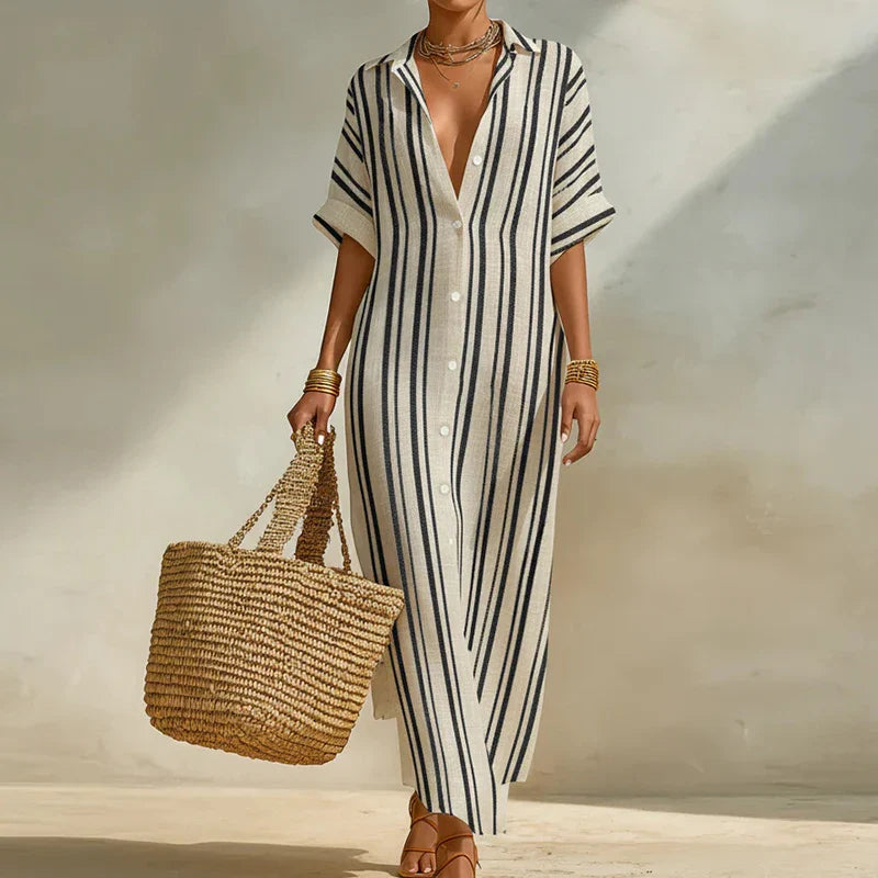 Women's breezy striped long shirt dress with V-neck, perfect for a comfortable and relaxed summer vacation.