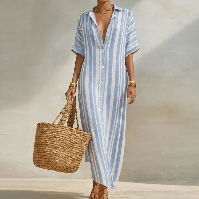 Striped V-neck long summer dress for women, featuring three-quarter sleeves and a lightweight, relaxed fit.