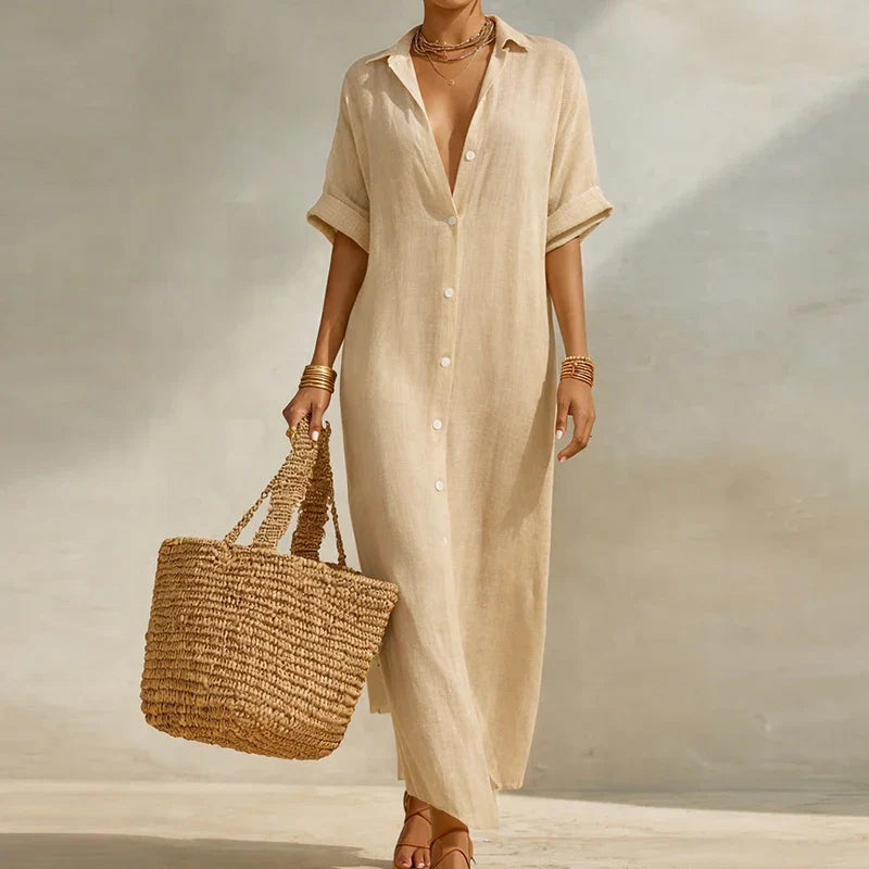 Casual women's long summer shirt dress, striped with V-neck & three-quarter sleeves, perfect for vacation comfort.
