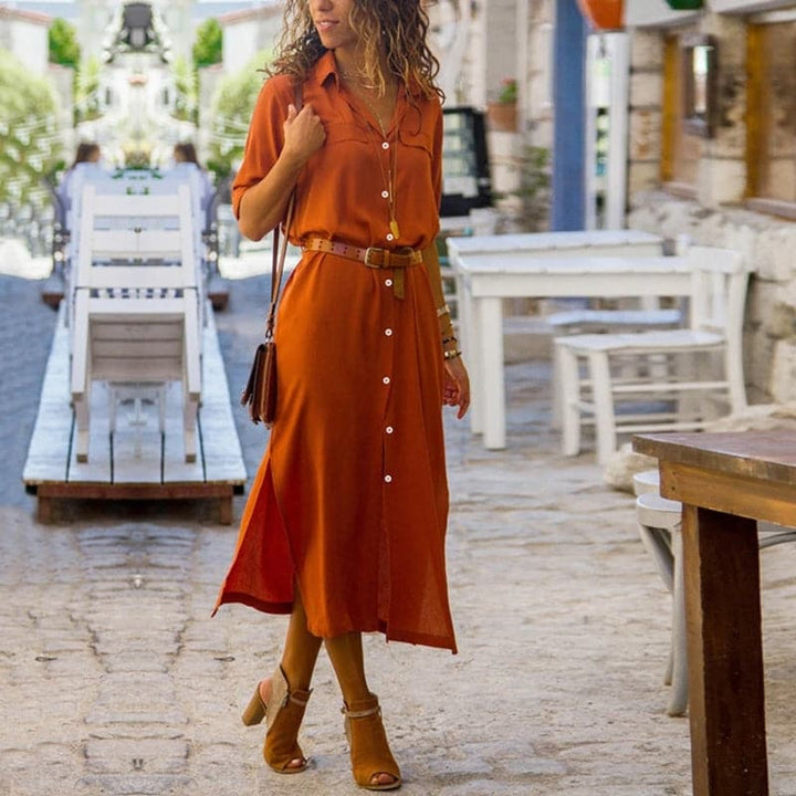 Women's button-down belted midi dress, short sleeve for summer/spring, versatile daywear.