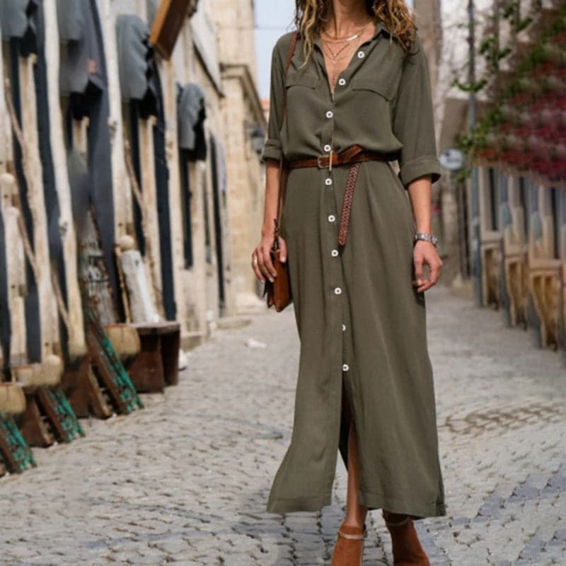 Women's collared button-down midi dress with a flattering belted waist, short sleeves, versatile style.
