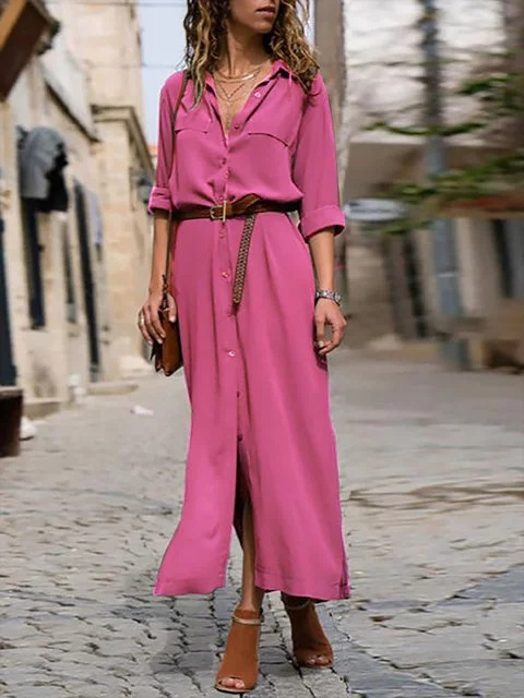 Women's button-down midi dress, belted, short sleeve. Casual yet elegant day dress for spring/summer.