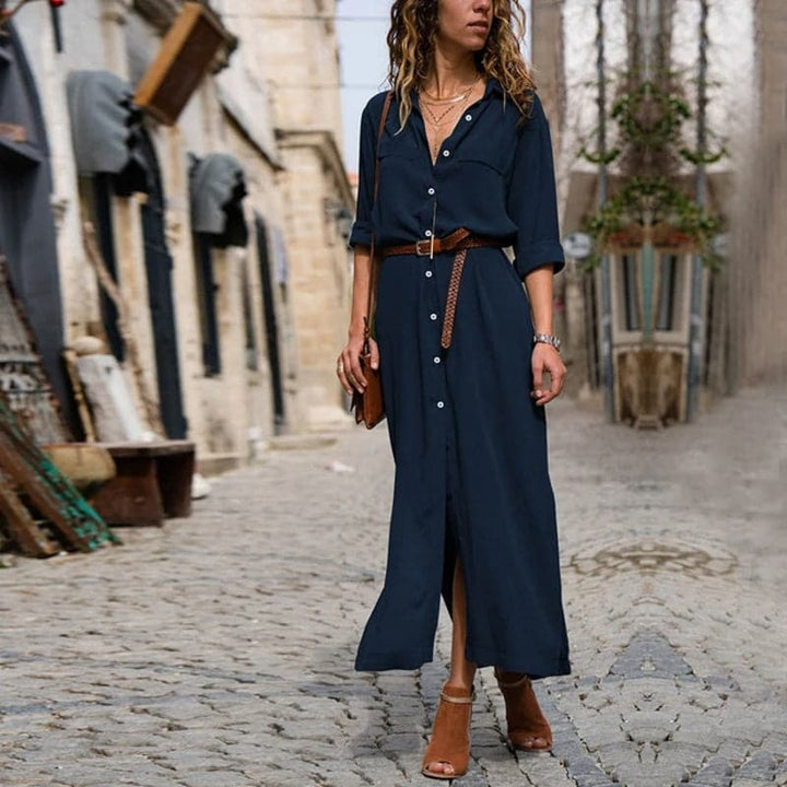 Stylish women's belted button-down midi dress, short sleeve, collared, perfect for summer elegance.