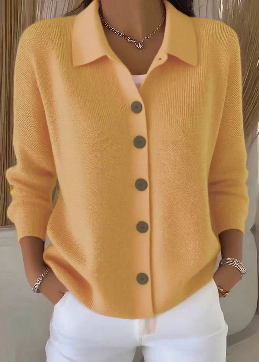 Women's button down cardigan, an essential transitional sweater with a sophisticated shirt collar.