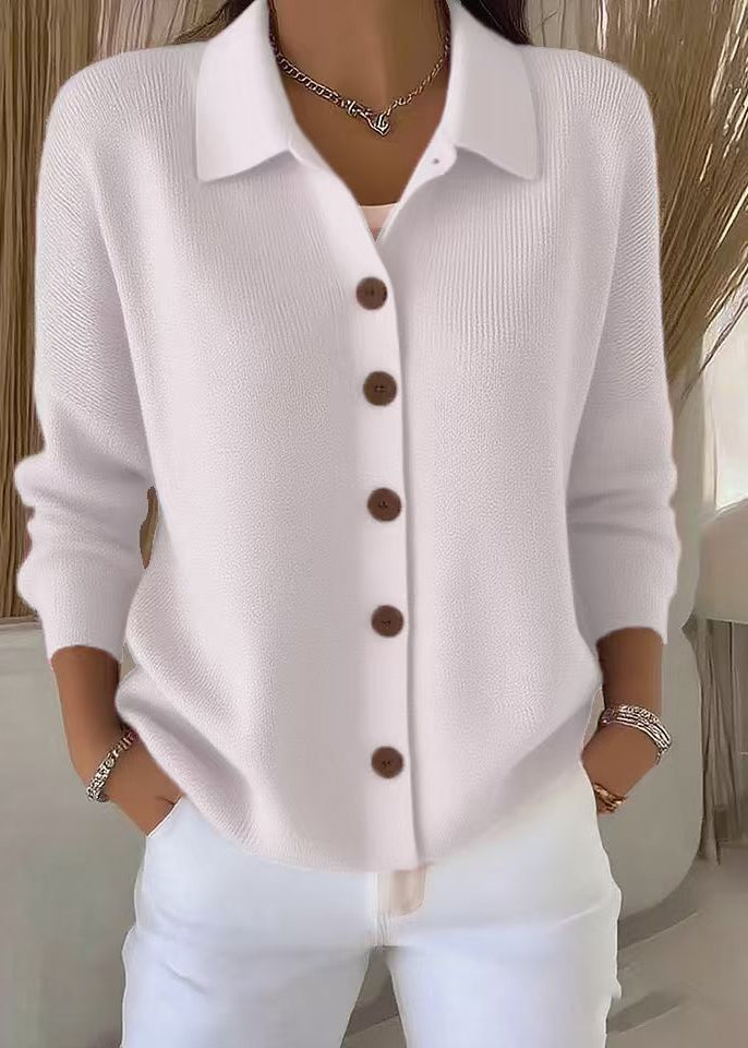Professional women's button down cardigan sweater with shirt collar, ideal for elegant office attire.