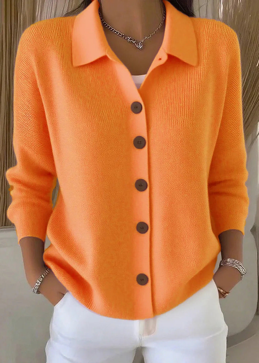 Versatile women's button down cardigan with shirt collar, great for transitional fashion & elegant layering.