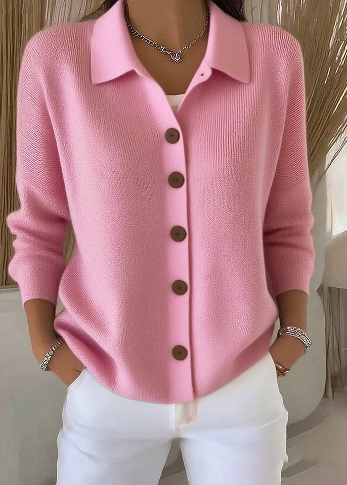 Chic women's button down cardigan sweater, versatile for elegant office looks & layered outfits.
