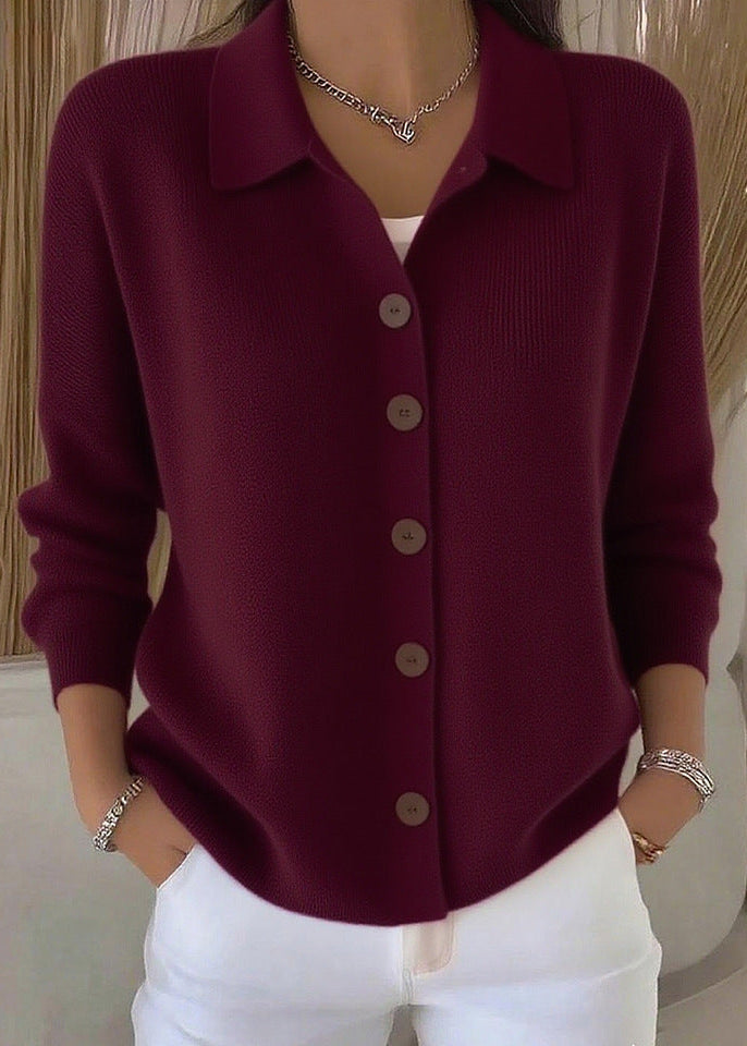 Women's Button Down Cardigan Sweater, featuring a crisp shirt collar for a sophisticated, classic look.