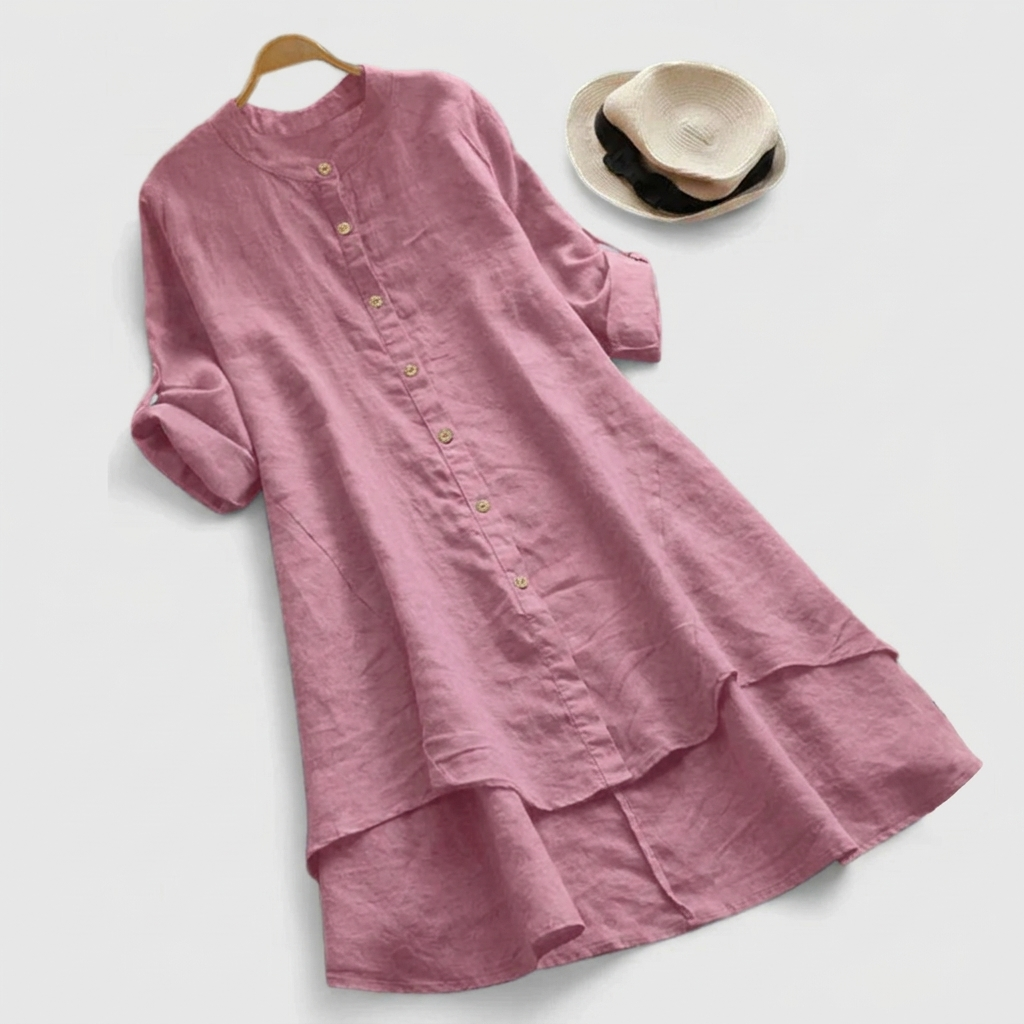 Elegant women's button-down midi shirt dress featuring a chic layered hem. Versatile long sleeve for all-season fashion.