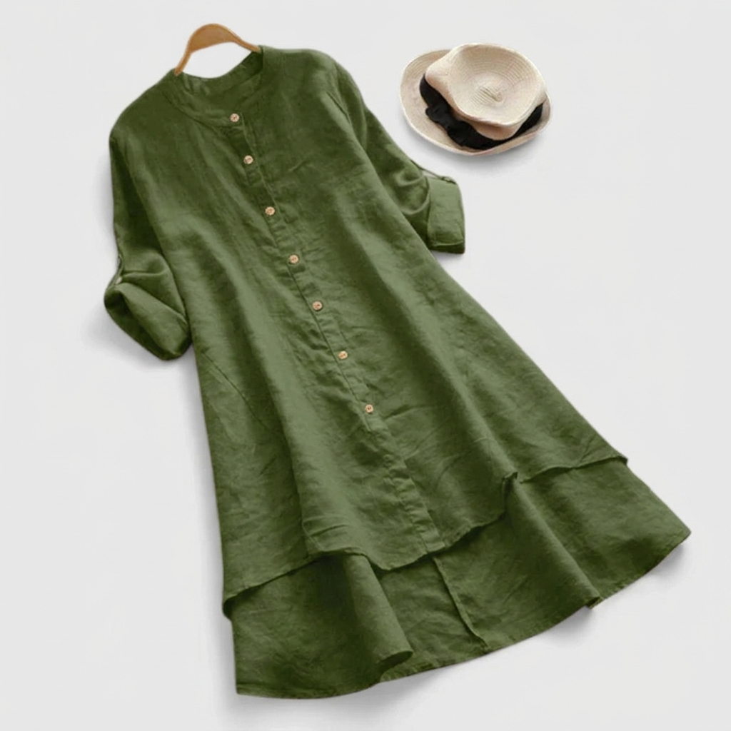 Casual women's button-down shirt dress, a versatile long sleeve midi with layered hem, perfect for everyday style.