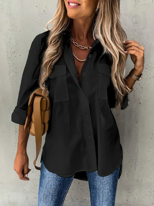 Elegant women's button-up shirt with long sleeves & classic design. Ideal for office wear & stylish autumn fashion.