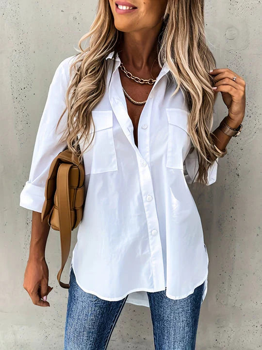New women's long sleeve button-up blouse, relaxed fit, offering effortless elegance for spring casual or office.