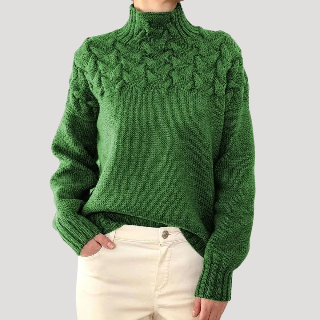 Women's cable knit high-neck spring sweater, light green, perfect for casual wear. Soft knitwear.
