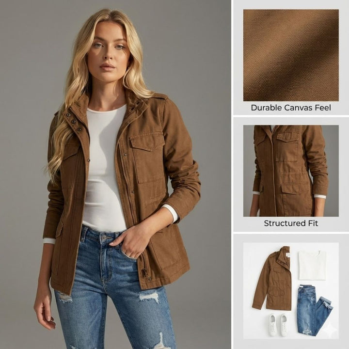 Women's cargo utility jacket in classic color, showcasing multiple functional pockets for versatile everyday wear.