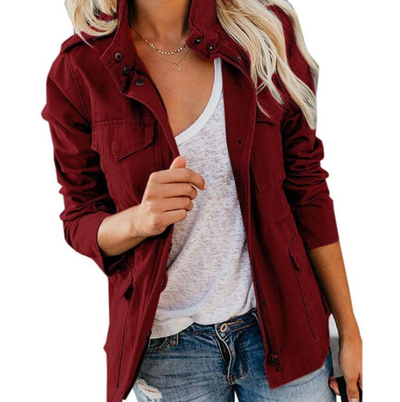 Fashionable women's utility cargo jacket, combining rugged style with practical multi-pocket functionality.