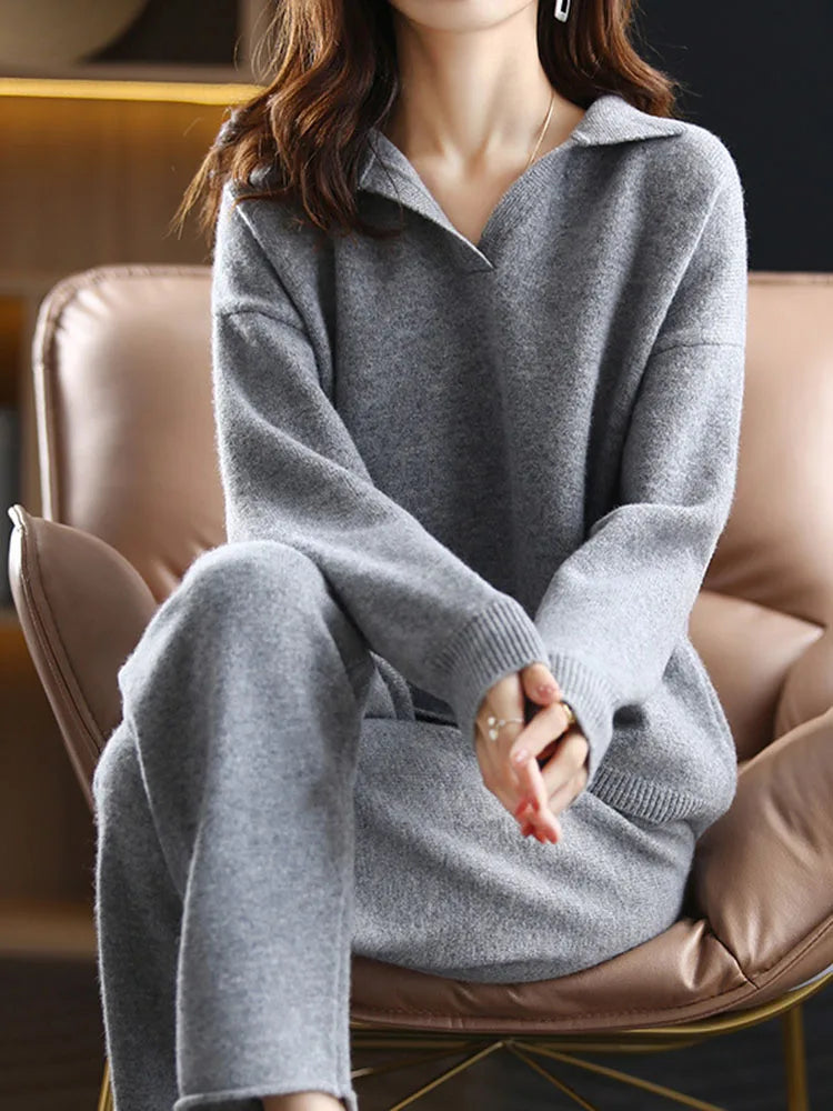 Women's fashion lounge set featuring a classic knit polo top and modern harem pants design