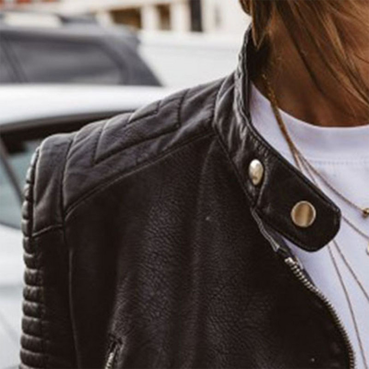 Casual biker jacket for women, a fashionable black outerwear piece with a front zipper