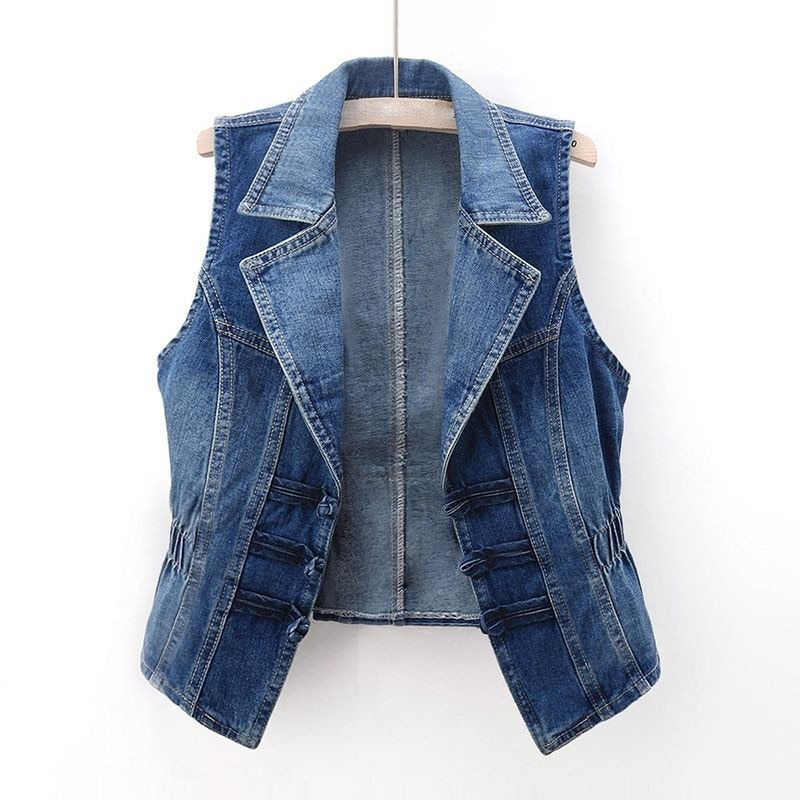 Women's casual blue denim sleeveless open-front vest, perfect for spring/summer layering and everyday style.