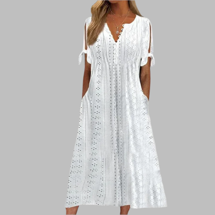 Women's casual boho eyelet midi dress with V-neck, A-line silhouette, and tie-sleeves, perfect for summer vacations.