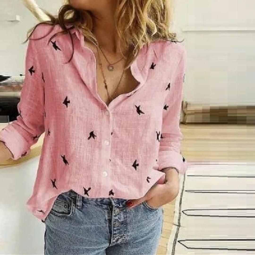 Women's button-down blouse with charming bird print. Casual long sleeve top, relaxed fit for versatile everyday wear.