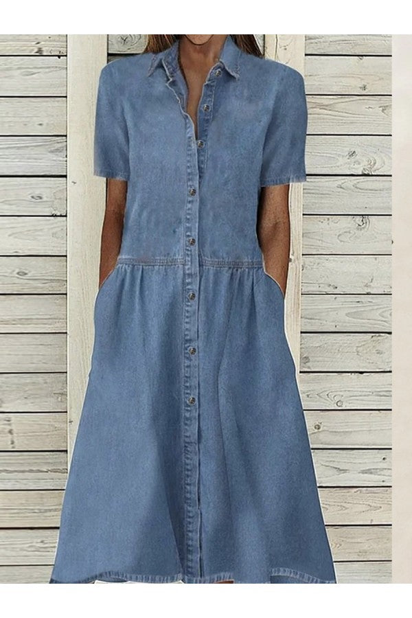 Women's casual button-down shirt dress for summer. Short sleeve, knee-length A-line with pockets.