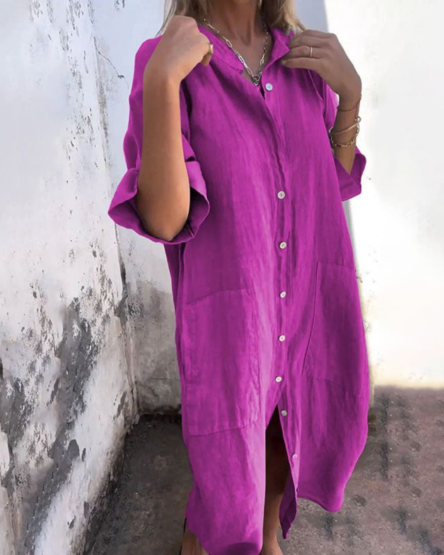 Everyday women's casual shirt dress with a full button front, short sleeves, and handy pockets. Easy wear.