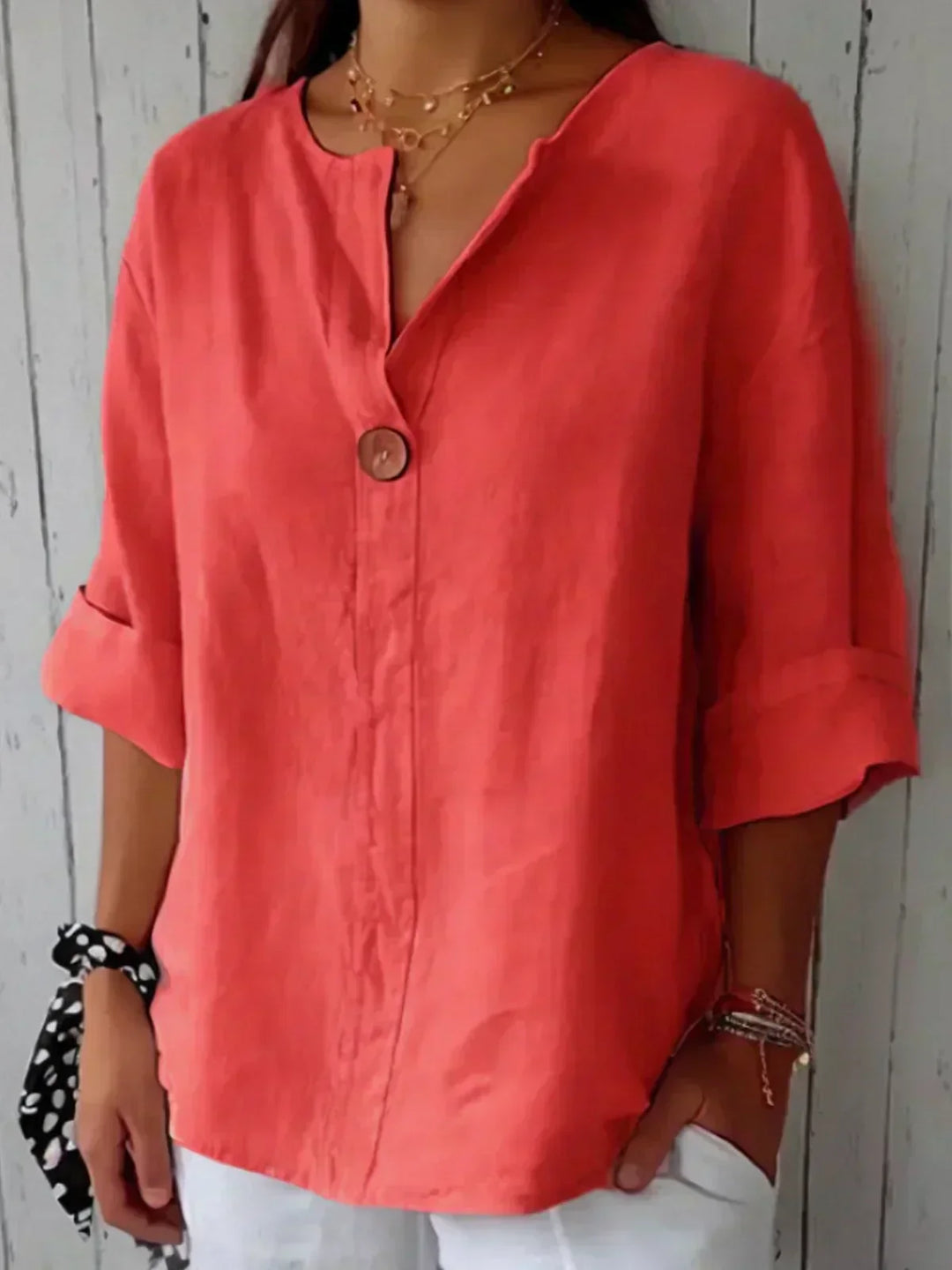 Comfortable, loose fit women's tunic blouse with button front & V-neck. Chic summer top.