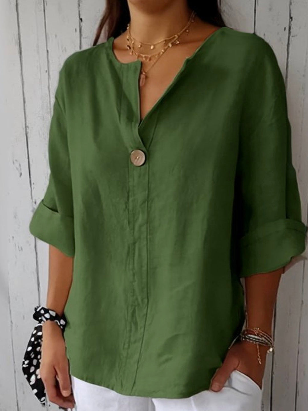 Women's summer shirt, V-neck, 3/4 sleeve tunic blouse. Button-front, loose fit for effortless style.