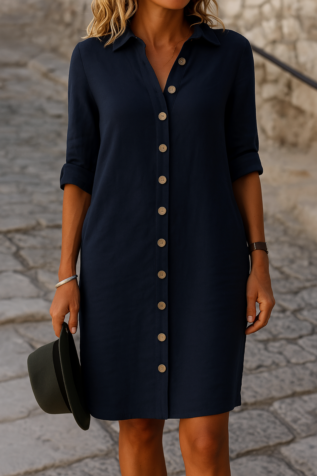 Women's versatile day dress, casual, collared, button front, knee-length, roll tab sleeves.