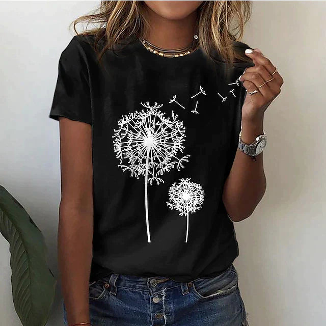 Relaxed fit women's short sleeve graphic tee featuring a unique nature-inspired dandelion design. Casual & comfy.