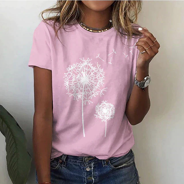 Detailed close-up of a vibrant dandelion graphic print on a comfortable women's crew neck casual t-shirt.
