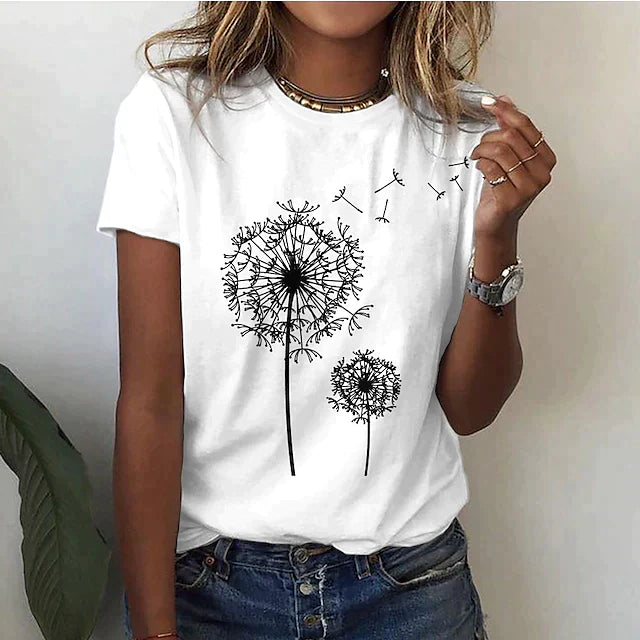Whimsical women's dandelion print t-shirt. Crew neck, short sleeve, and comfortable for summer & everyday wear.