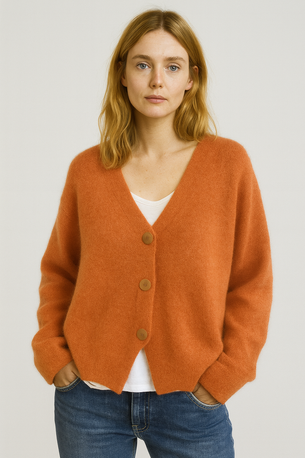Women's casual knit button-front spring cardigan in a light color, perfect for layering.