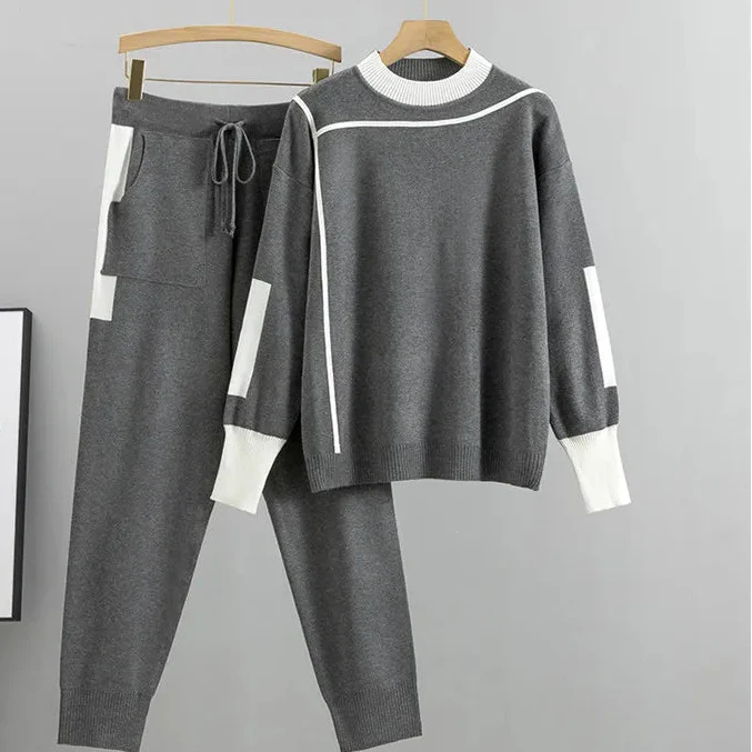 Women's casual knit loungewear sweater & jogger pants set in a comfortable, relaxed fit, perfect for home