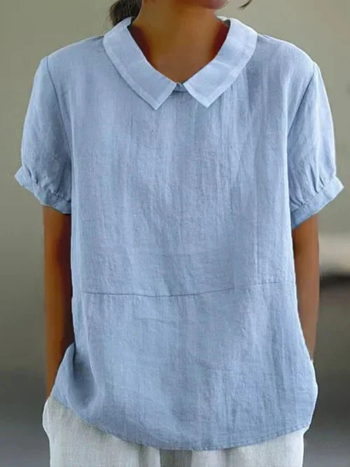 Women's casual Peter Pan collar short sleeve top, elegant for everyday wear. Comfortable, chic, versatile blouse.