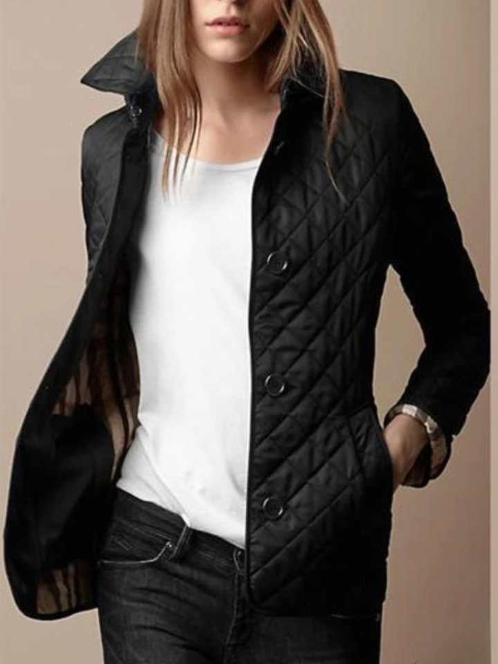 Women's casual quilted jacket with elegant turned-down collar, perfect for fall fashion & everyday style.