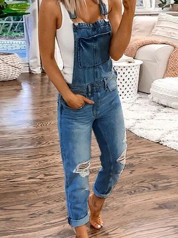 Versatile women's ankle-length casual jumpsuit with ripped details and comfy straps for everyday wear.