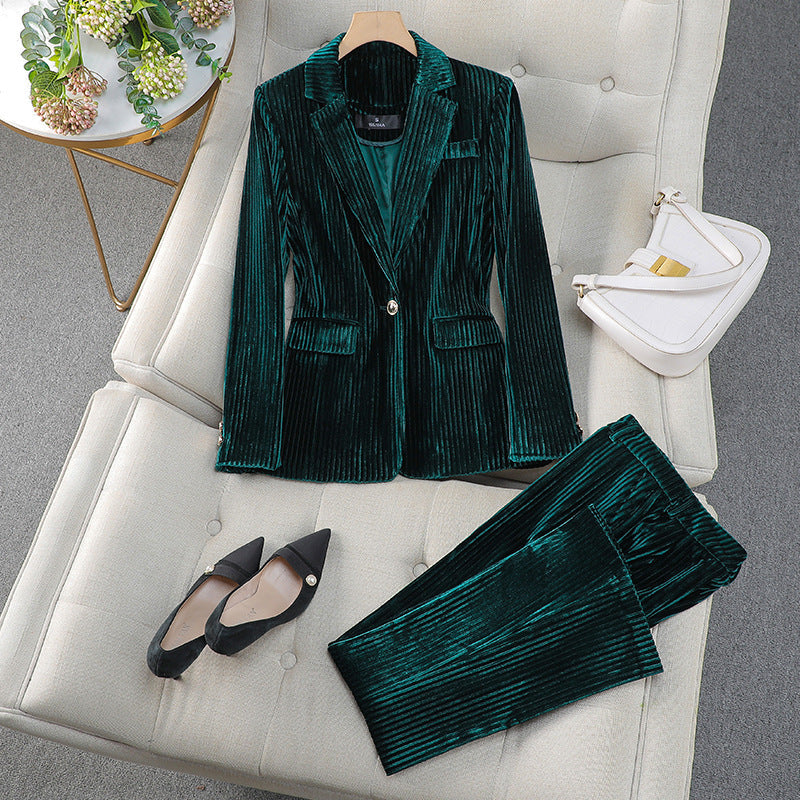 Front view of a women's blazer and pant suit set, showcasing its stylish design and comfortable fit.