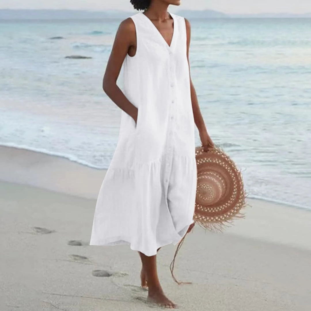 Women's casual V-neck button-front sleeveless midi summer dress. Perfect for everyday wear.