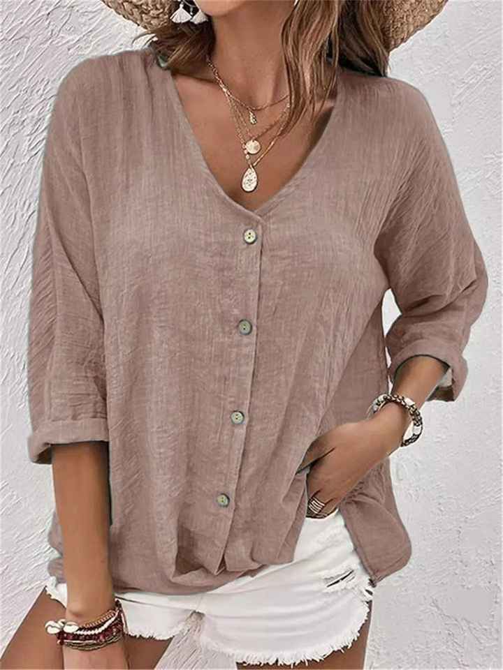 Everyday women's casual V-neck button-front top, offering effortless style and ultimate comfort.