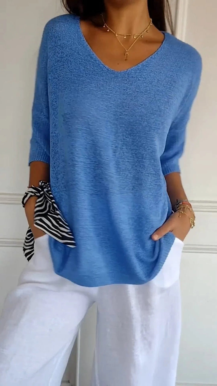 Loose fit V-neck top for women, comfortable and effortless style. Great for spring fashion.