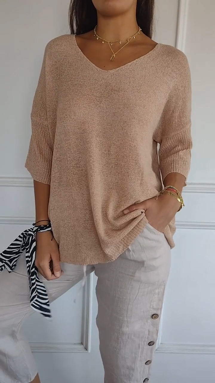 Everyday women's V-neck top, loose fit, three-quarter sleeve, perfect for effortless style.