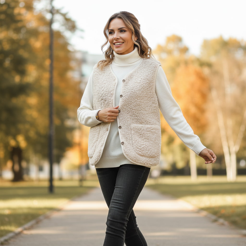 Women's casual warm sherpa vest, perfect for spring layering and comfort, front view