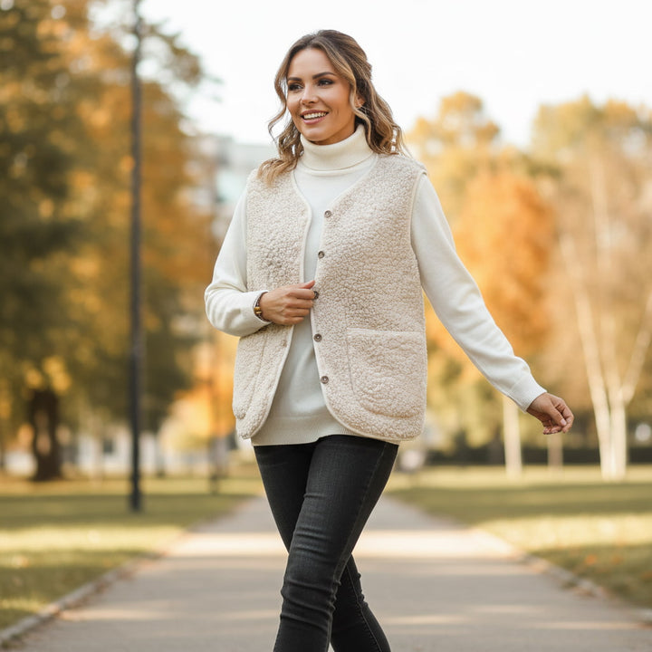 Women's casual warm sherpa vest, perfect for spring layering and comfort, front view