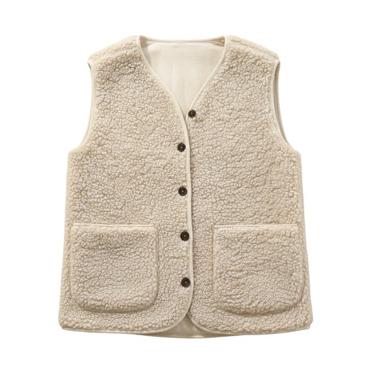 Stylish women's sherpa vest in a neutral color, ideal for casual outerwear