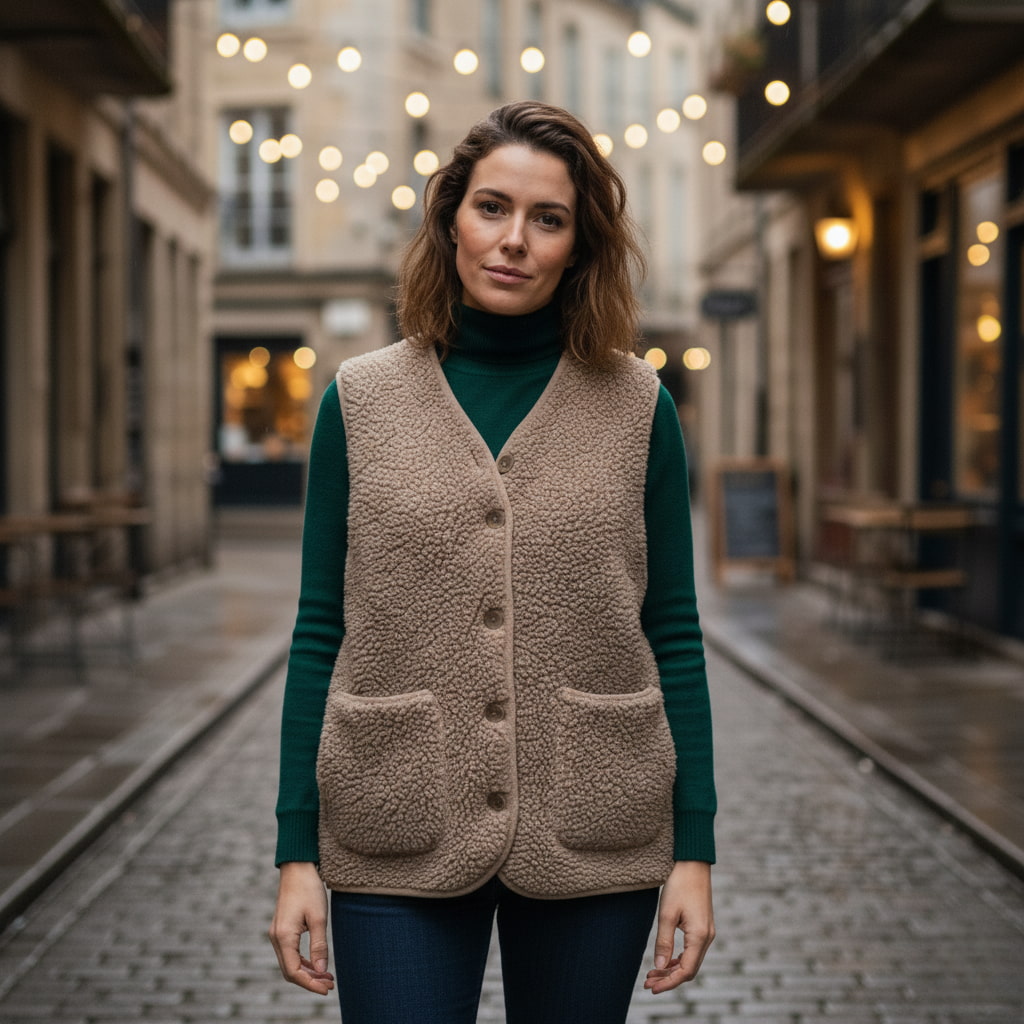 Close-up of the soft sherpa texture on a women's warm sleeveless jacket