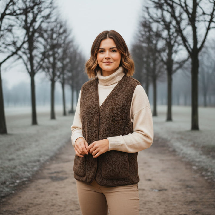 Women's warm vest for casual wear, showcasing its plush sherpa material