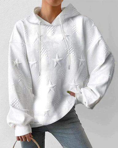 White casual hoodie for women, embossed with stars, ideal for cozy and comfortable wear.